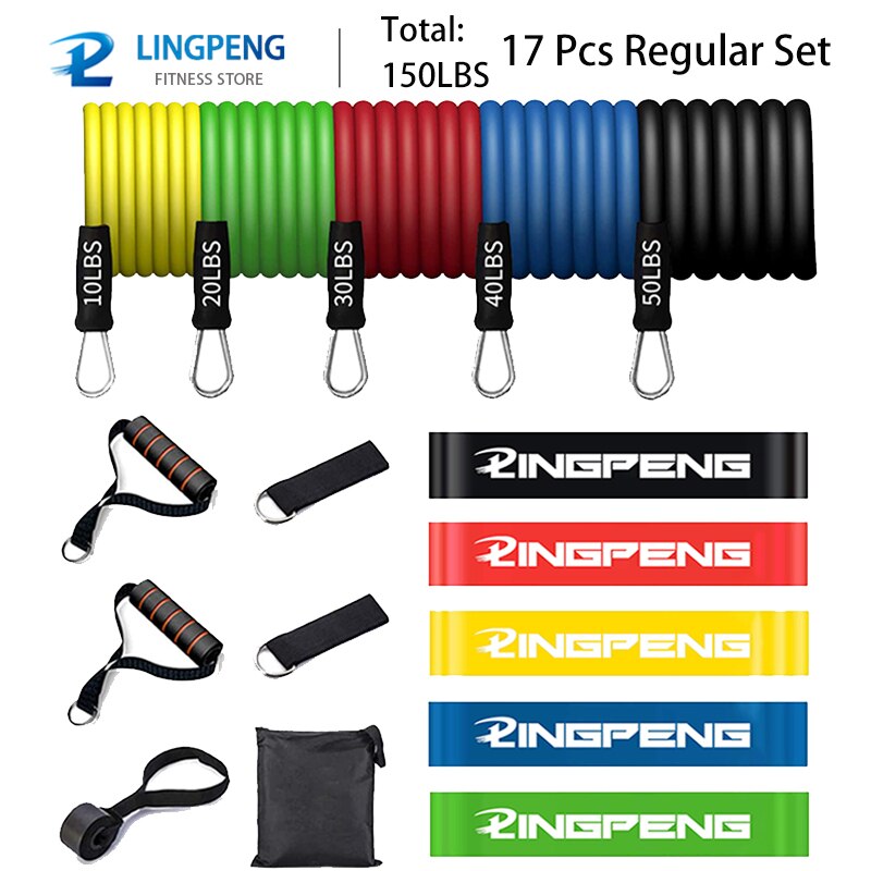 Conjunto de banda de resistencia física fuerte, cuerda elástica para Yoga, gimnasio, entrenamiento, expansor, anclaje de puerta con mango, correa para el tobillo: 17 Pcs Regular Set