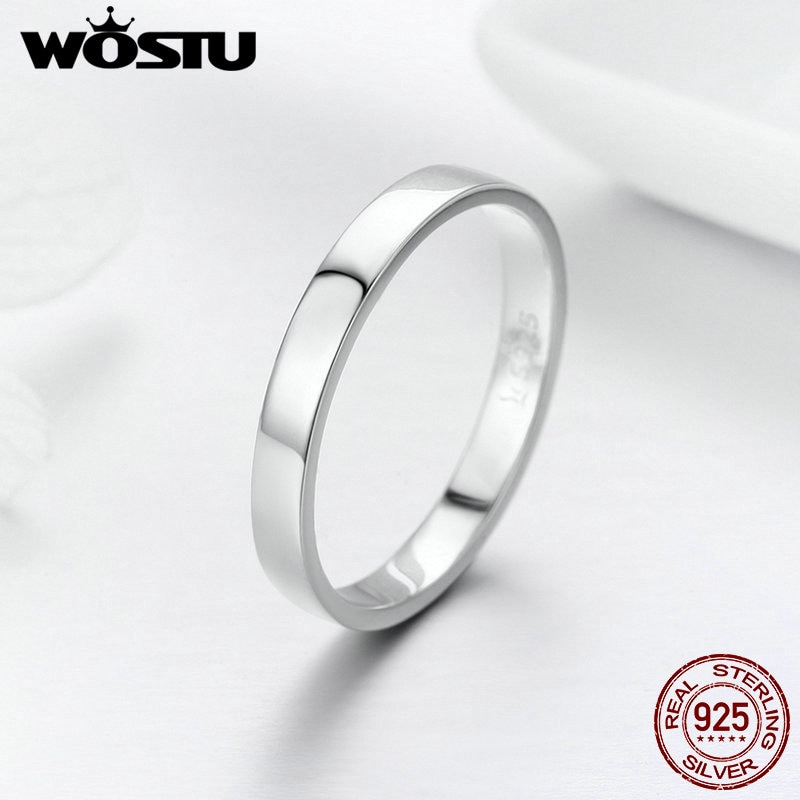 Wostu Solid Pure 925 Sterling Zilver Eenvoudige Vinger Ring Voor Vrouwen Hoge Gepolijst Classic Band Ringen Bruiloft Sieraden CQR343