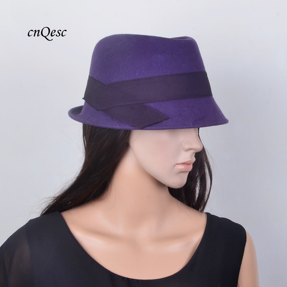 purple real Wool hats warm felt winter women's hat wedding church trilby with gross grain ribbon