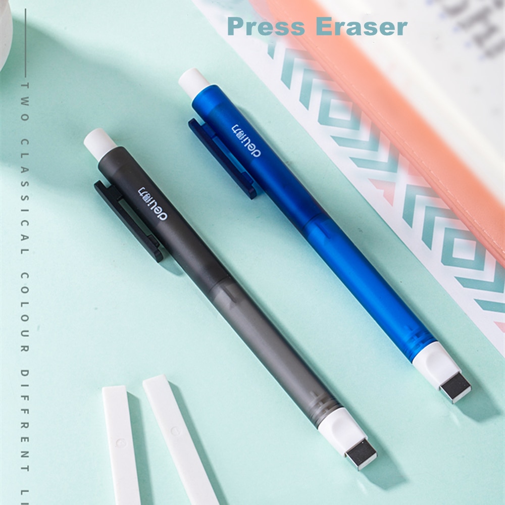 DELI Retractable Press Eraser Correction Supplies Pen Style Pencil Rubber Erasers For Students Office School Stationery