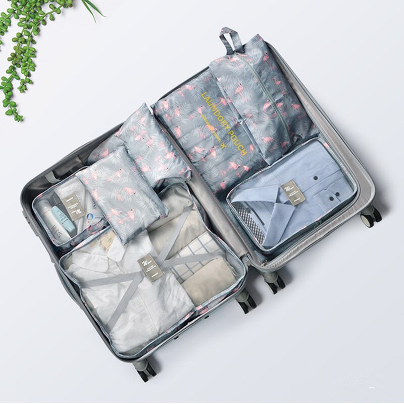 7 pçs/set organizador de viagem roupas kit acabamento partição portátil bolsa saco cosméticos sacos armazenamento acessórios viagem para casa: Flamingo