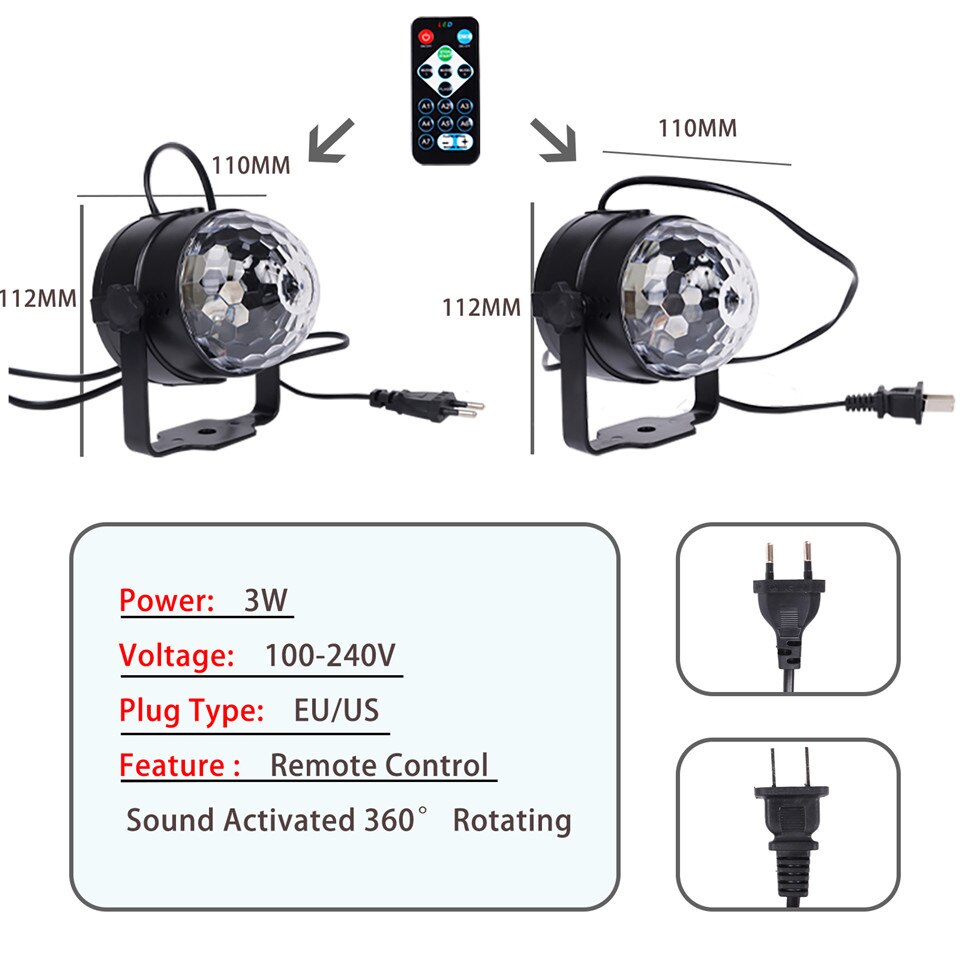 Lydaktivert roterende disco ball dj festlys 3w 3 led rgb led scenelys til jul bryllup lyd festlys