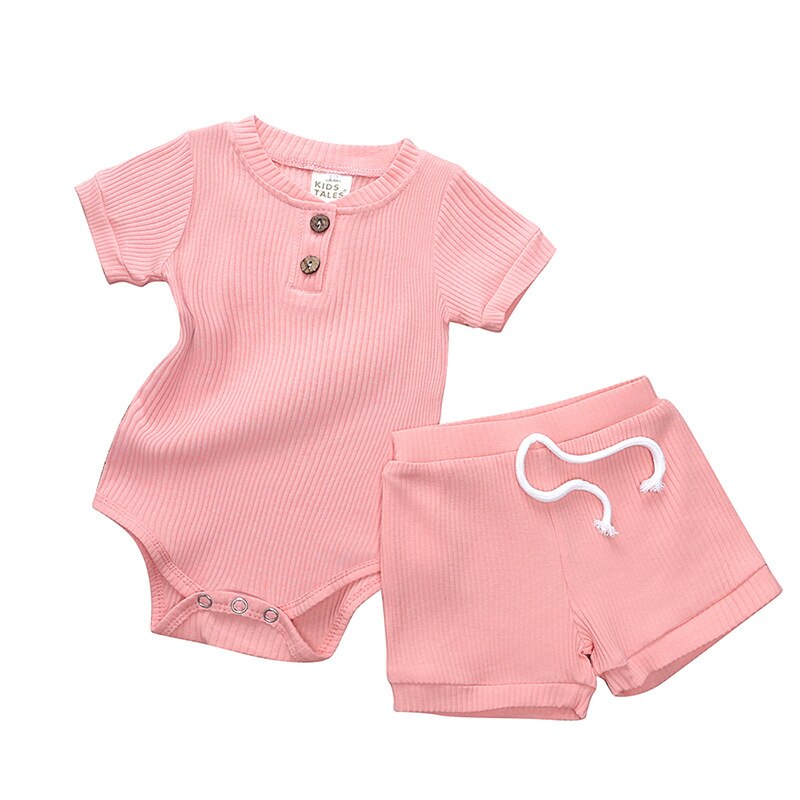 Hooyi conjunto de roupas de bebê menina, pijama da moda infantil, body infantil, calças curtas, roupa de dormir, 100% algodão, tops 2 peças: Rosa / 0-3M