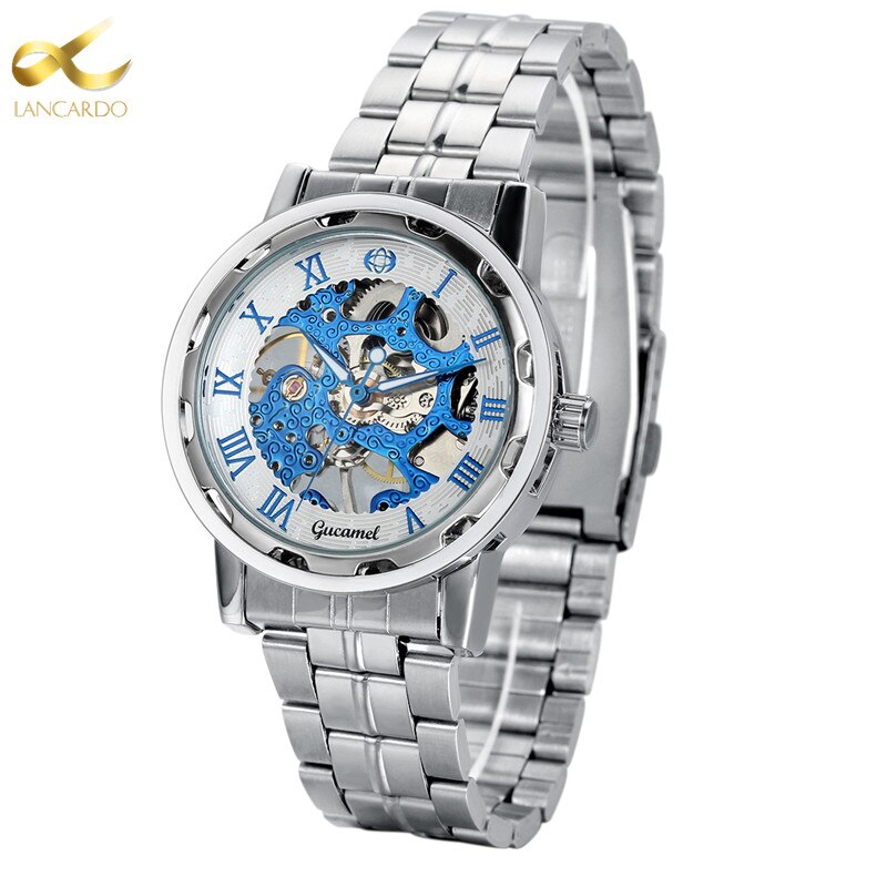 Lancardo Heren Horloges Mechanische Topmerk Luxe Business Blue Horloge Roestvrij Staal Waterdichte Automatische Uurwerk
