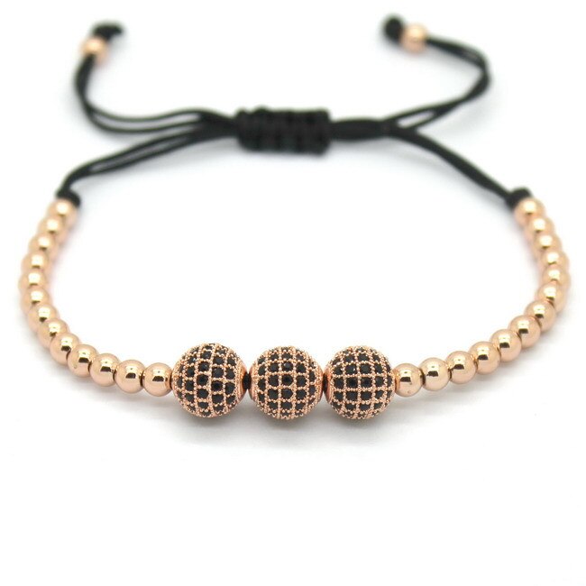 Berømt mærke kvinder armbånd ,8mm pave indstilling sorte cz perler & rosa guld 4mm runde perler & fletning armbånd til kvinder: Rose guld