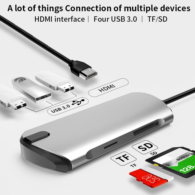 6 In 1 Usb C Hub/Type C Data Hub Met 6-Poort 3 Usb 3.0 + Tf + Sd + 4K Hdmi Poorten Multifunctionele Hub