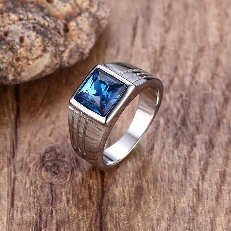 Anillos de para hombre, anillo de declaración de acero inoxidable con piedra azul rectangular, anillo con joya de masculina