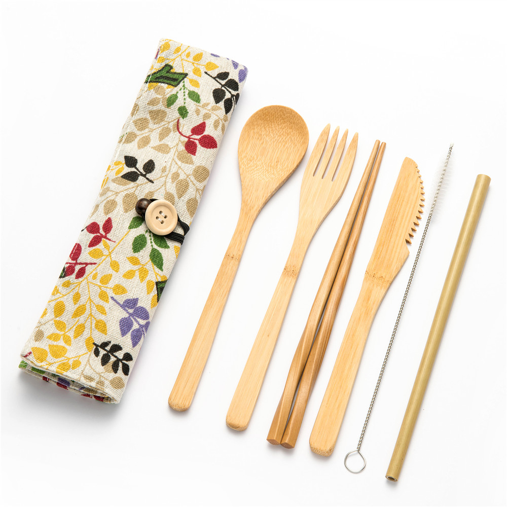 Eco-vriendelijke Reizen Herbruikbare Draagbare Bamboe Bestek Set Lepel Vork Eetstokje Sets 6 stks/set Straw Keuken Voedsel Servies Set: 7pcs set006