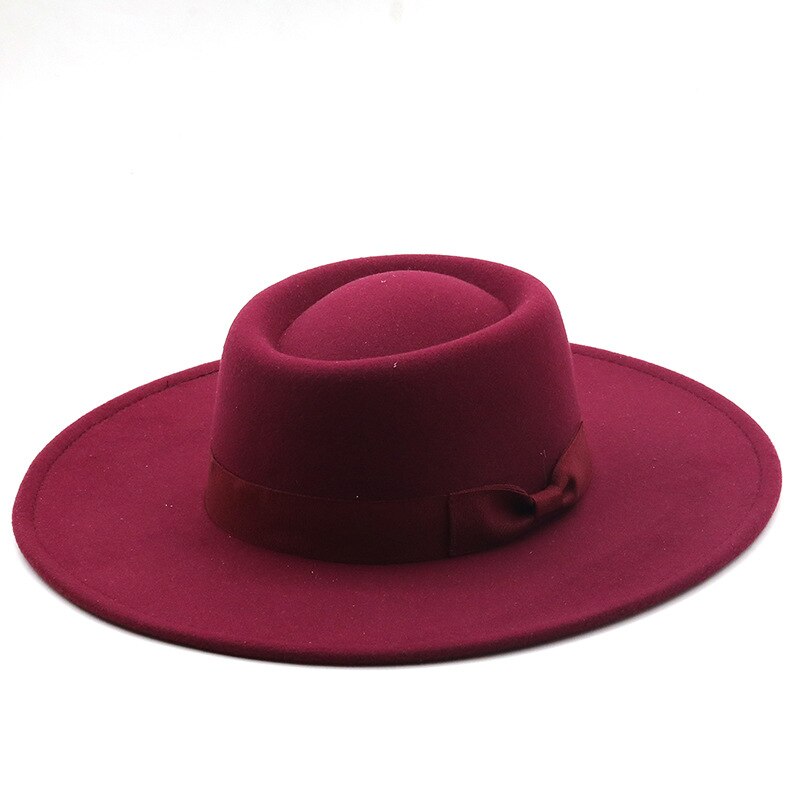 9.5 Cm Wide Brim Plain Black Flat Top Hat Boater Women Wool Fedora Felt Hats with Bowknot Vintage Church Wedding Panama Cap: wine red