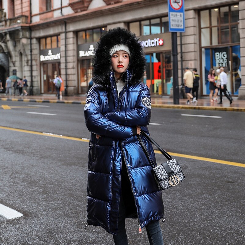 Neue Frauen Langen Mantel Parkas Weibliche Glänzend Winter warm Verdicken Faux Pelz Mäntel Silber Unten Jacke Parker Jacke Mantel: Blau / L