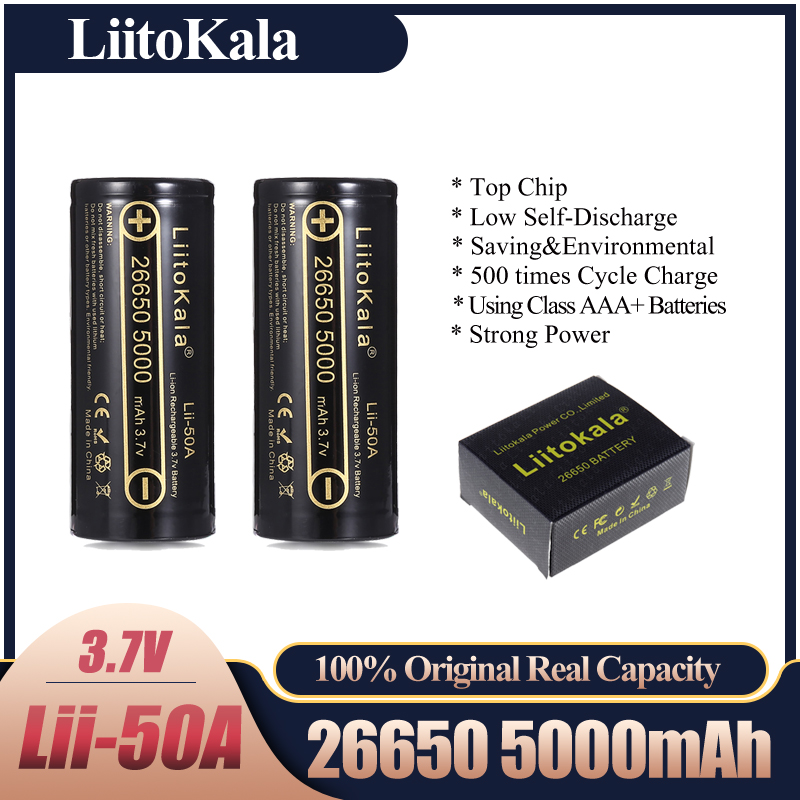 LiitoKala Lii-50A 26650 5000 mAh 26650-50A li-ion 3.7V Oplaadbare Batterij voor zaklamp 20A verpakking