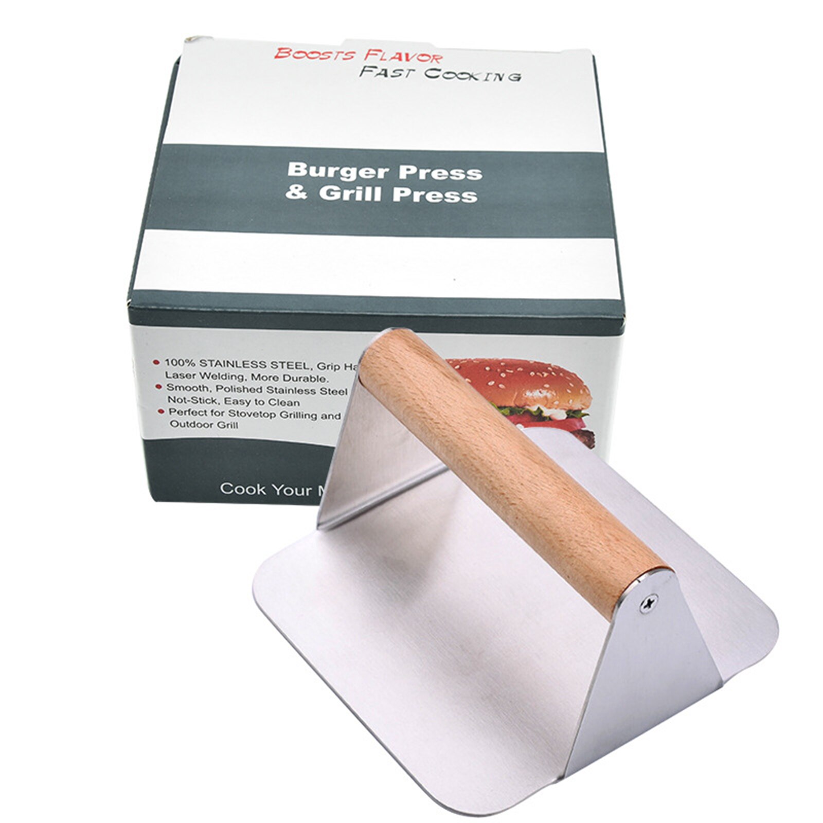 Hamburger Patty Maker 304 Stainless Steel Kitchen Burger Pressing Manual Grill Press Smasher With Wood Handle