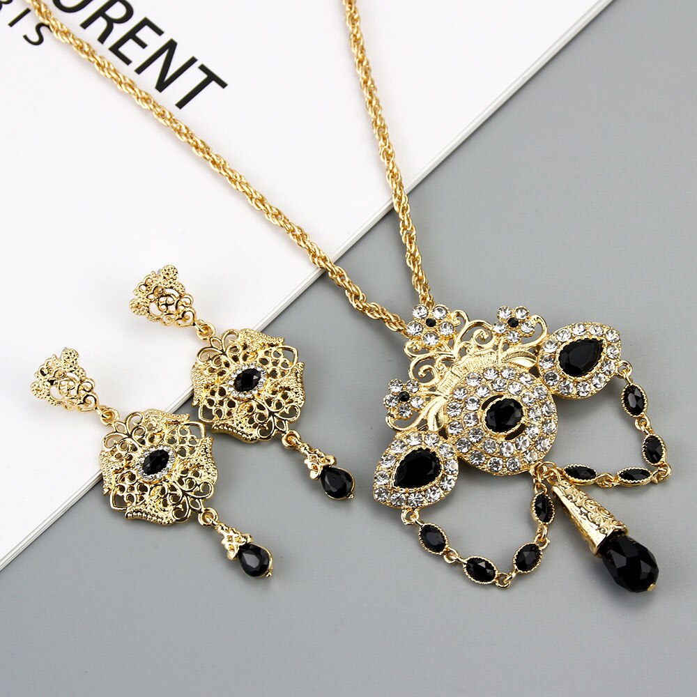 Sunspicems Marokko Bruiloft Sieraden Sets Goud Kleur Earring Lange Hanger Ketting Arabische Bijoux Bridal: LL153U154black