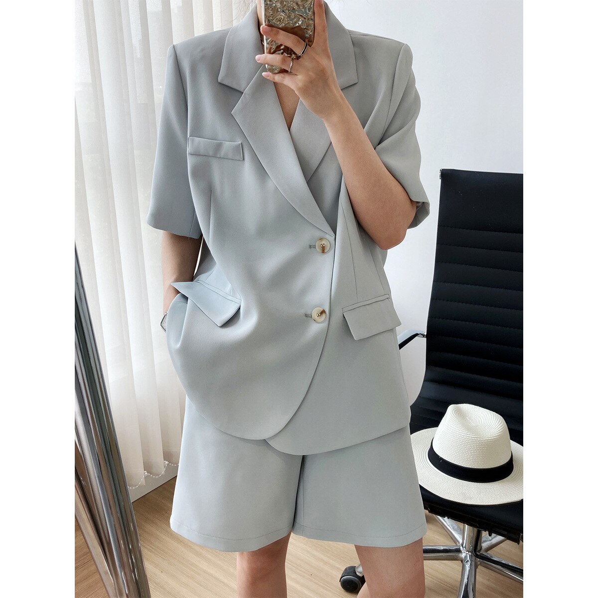 Summer Thin Short Sleeve Suit Jacket Women + Suit Shorts Suit Casual Loose Suit Two Piece Set