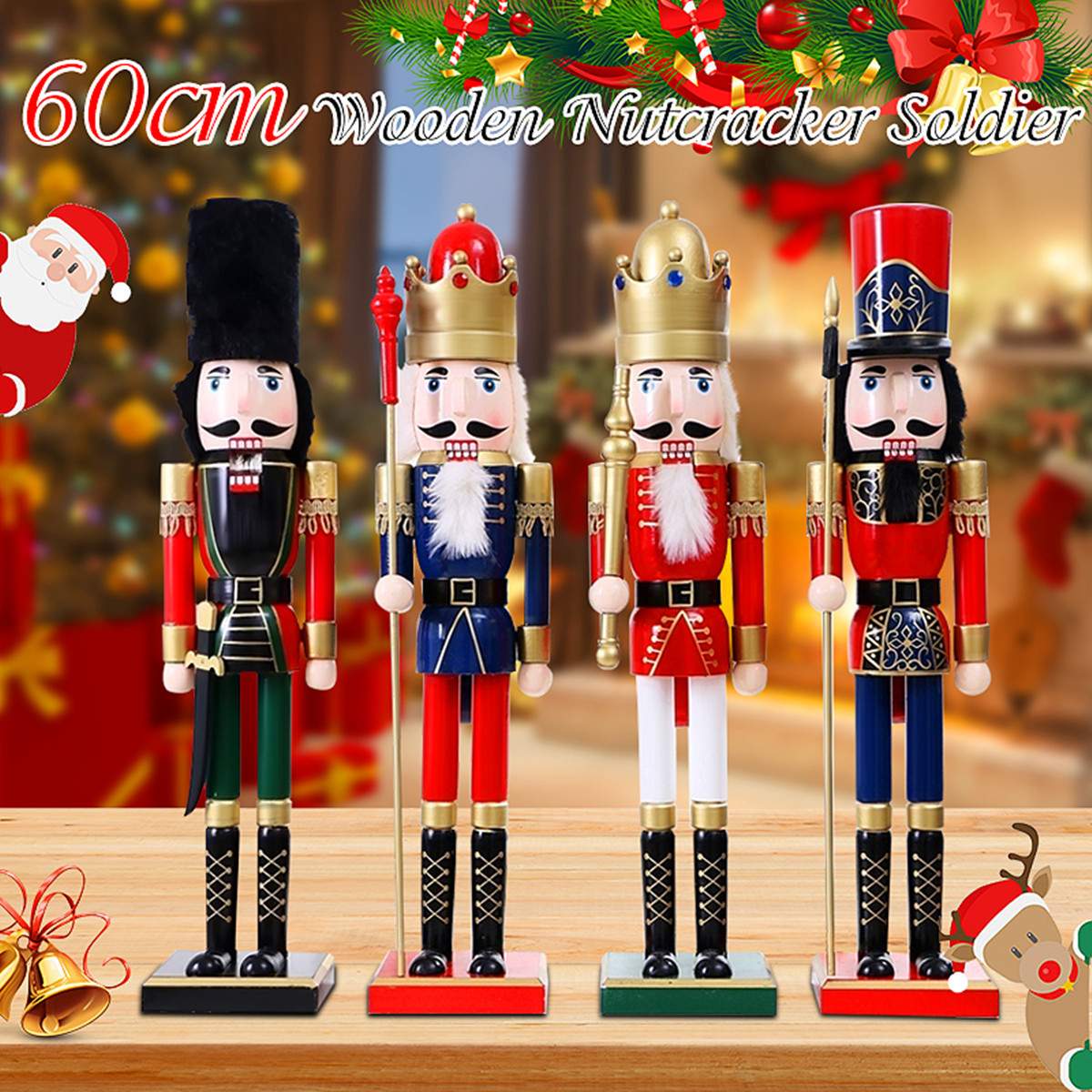 60Cm Notenkraker Koning Soldaat Houten Beeldje Kerst Decoratie Ornament Handwerk Walnoot Marionet Speelgoed Cadeau