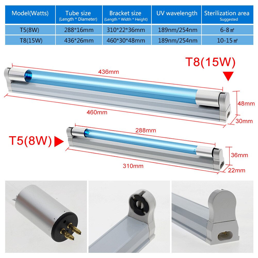 Uv Keimtötende Licht T5 / T8 Quarz Rohr 8W 15W UVC Sterilisator Töten Staub Milbe UV Bakterizide Lampe für Schlafzimmer Krankenhaus
