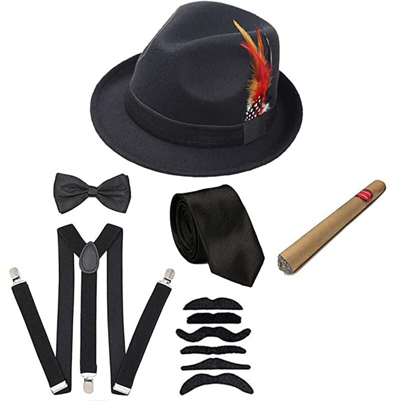 Halloween Cosplay Costume 1920s Mens Gatsby Gangster Accessories Set - Fedora Newsboy Hat Suspenders Armbands Tied Bowtie: black01