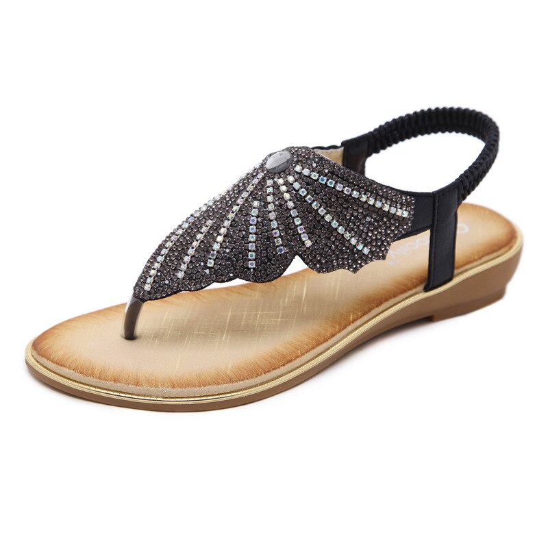 European Women Causal Beach Sandals Rhinestone Irregular Flats Flip Flops Large Szie 41 42 All Match Type T Toe: Black / 9.5