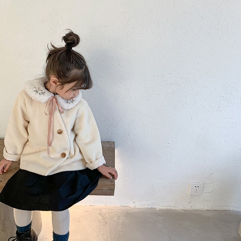 Manteau duffle-coat chic pour filles coréennes automne et hiver veste à col rond pour enfants vêtements manteau surdimensionné pour enfants sans col en flanelle