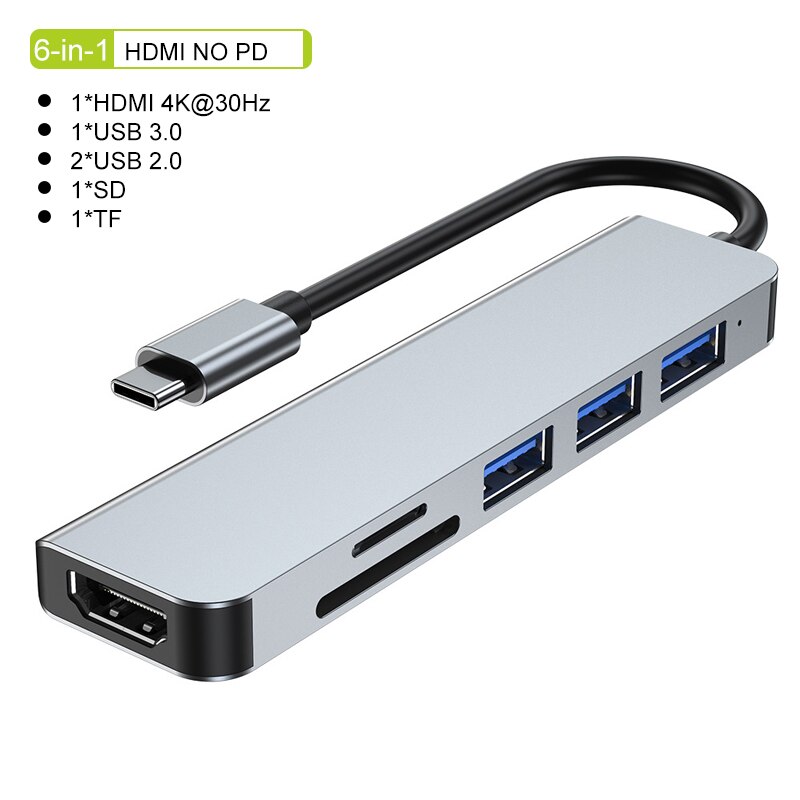 Usb c hub type c splitter til hdmi 4k thunderbolt 3 dokkingstasjon bærbar adapter med pd sd tf  rj45 for macbook air  m1 thinkpad: 6 i 1 hdmi ingen pd