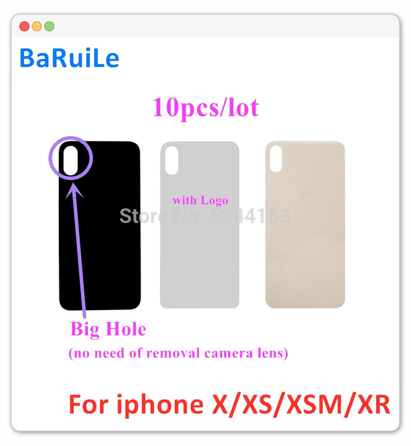 BaRuiLe 10pcs Battery Rear Glass Cover For iphone X XS XSMax Rear Housing Battery Door Case Replacement Parts with Big Hole