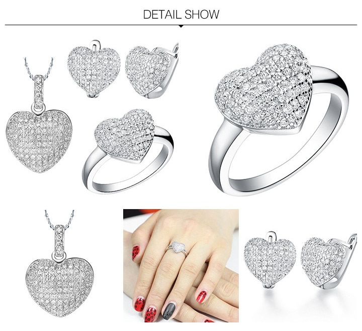 Uloveido Heart Necklace Earring Ring Jewelry Set Crystal Women Silver Color Wedding Bridal Jewelry Sets 49%off T004