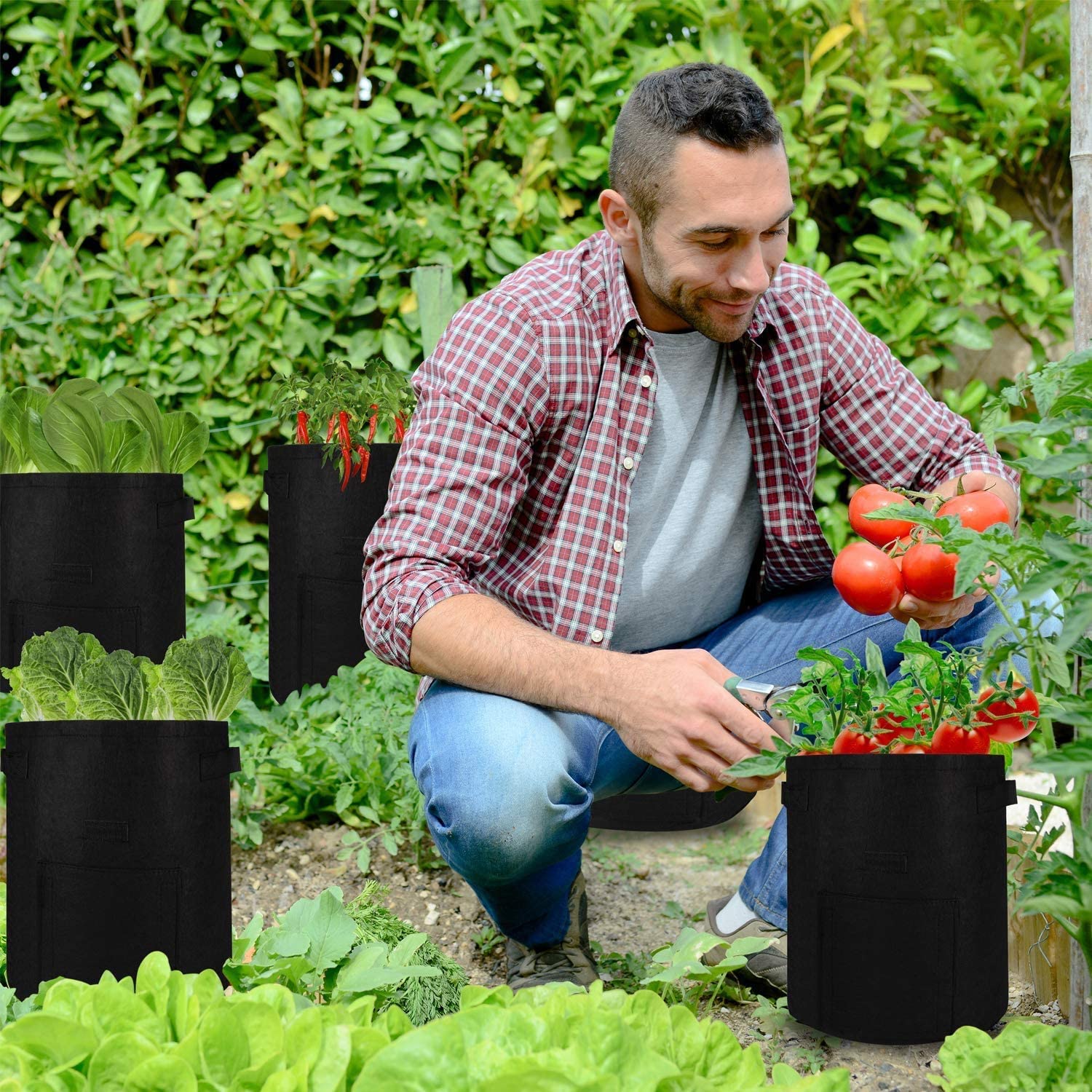Plantetaske kartoffelvokstaske ikke-vævet plantevoksende taske havegrøntsager planterbeholder med håndtag & velcro-vindue