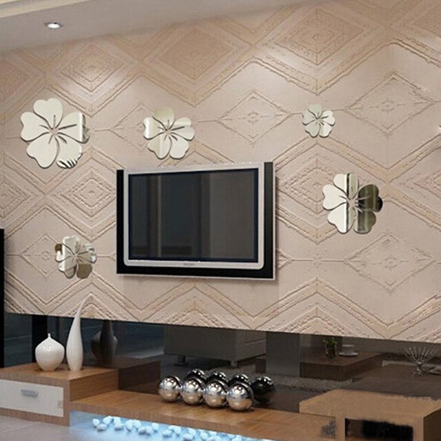 DIY Acrylic Wall Sticker 3d Mirror Art Flower Removable Living Room Bedroom Wall Decoration Wall Tile Glass: Silver