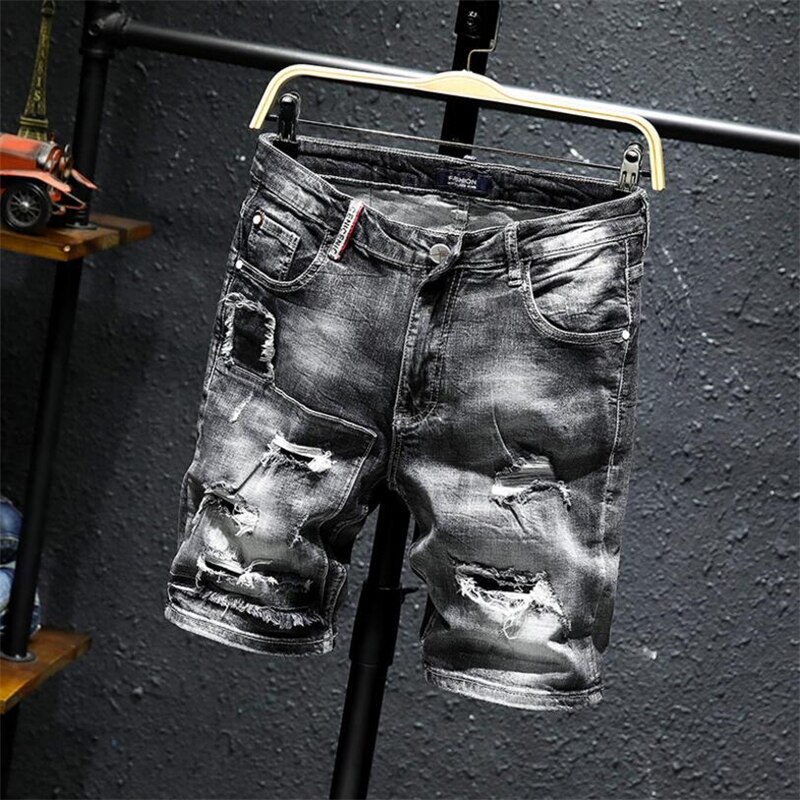 Short en Jean déchiré pour hommes, culotte en Denim, classique, , trous, gris, noir, coton, extensible, longueur aux genoux, été