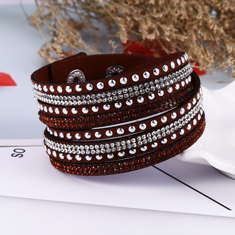 HOCOLE-Pulseras de cuero con abalorios de cristal para mujer, pulsera de diamantes de imitación multicapa, joyería femenina, de boda: Coffee Bracelet