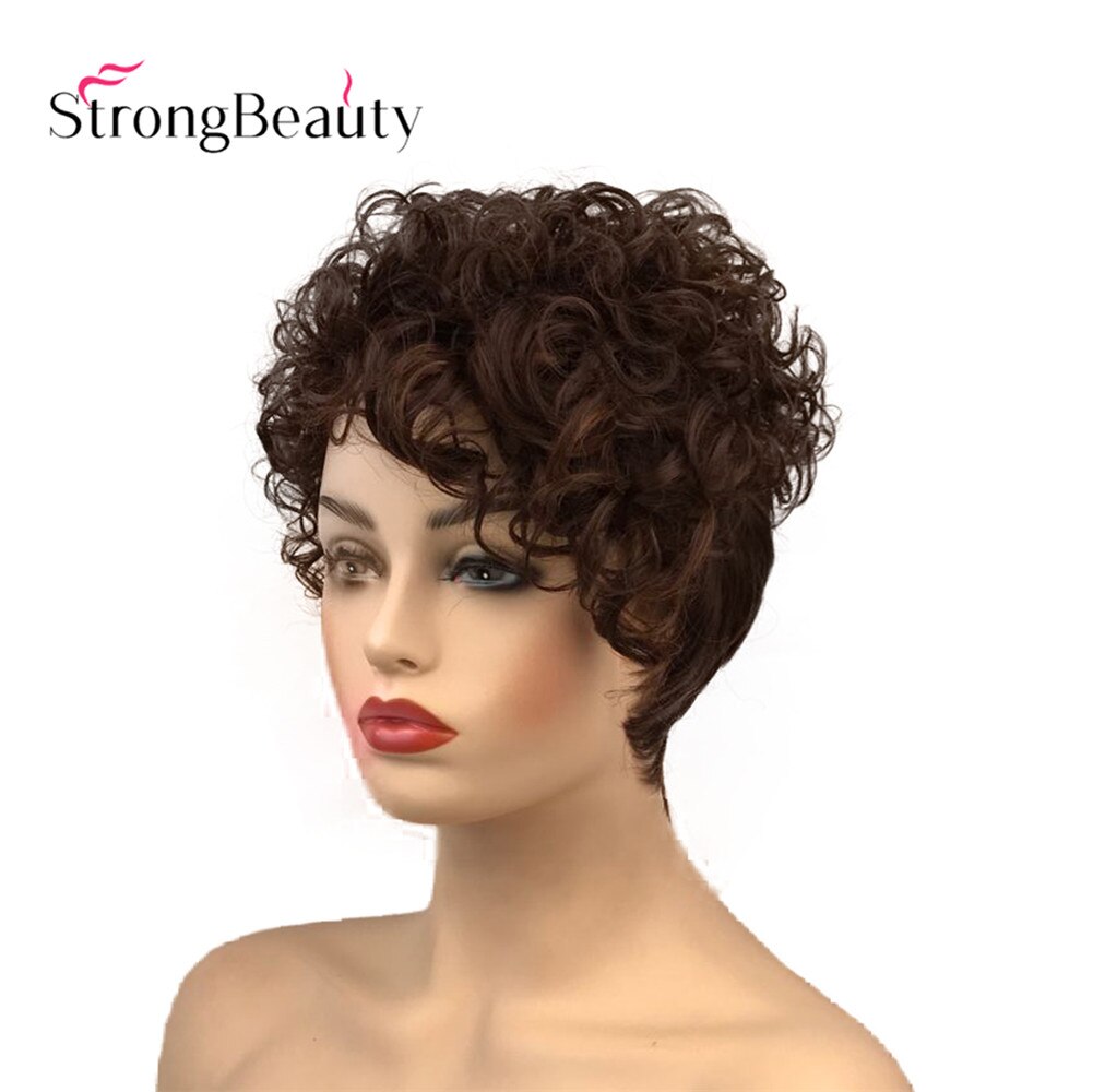 StrongBeauty Short Curly Women's Wigs Asymmetrical Side Bang Synthetic Hair Heat Resistant Wig
