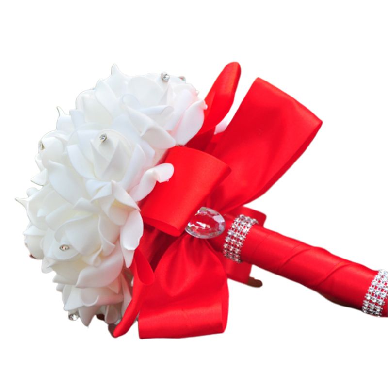 Korean Style Wedding Bridal Bouquet Artificial Flower PE Foam Roses With Faux Crystal Rhinestone Ribbons for Party Church Decor: Red