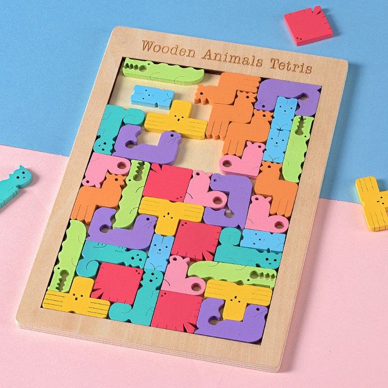 3D Puzzle Wooden Tangram Math Toys Puzzle Tetriss Game Montessori Children Educational Jigsaw Puzzle Game Toy for Boys Girl Baby