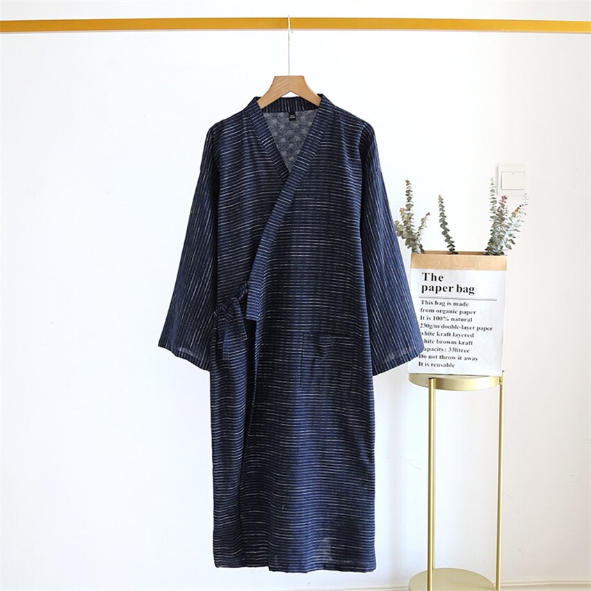 Men 2022 Japanese Style Kimono Cotton Bathrobe Spring Summer Vintage Striped Pajamas Casual Loose Long Sleeve Homewear