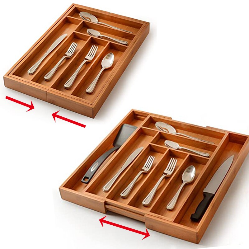 Bamboo Drawer Organiser Box, Adjustable Multipurpose Storage Tray and Drawer Insert Box for Utensils
