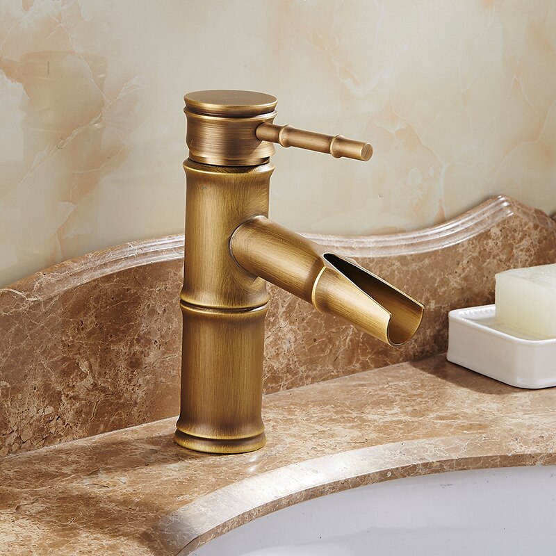 Antieke Bamboe Badkamer Kraan Antieke bronzen afwerking Messing Basin Wastafel Kraan Enkele Handgreep Bamboe Water Tap douche tap