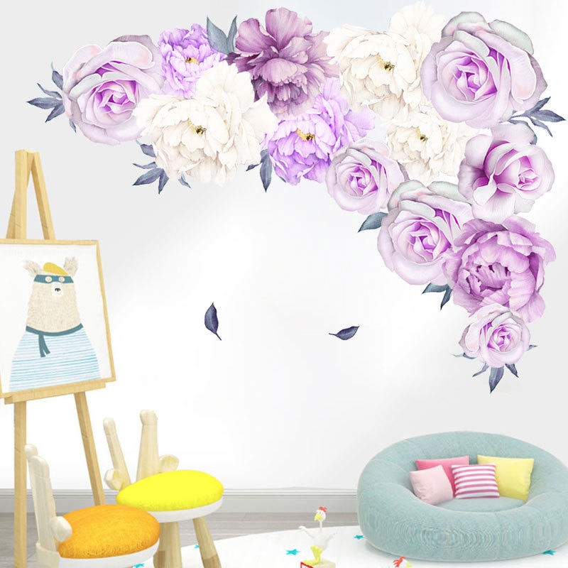 Smukke violette lilla pæon blomster væg klistermærker til børneværelset stue soveværelse boligindretning vægoverføringsbillede boligindretning pvc