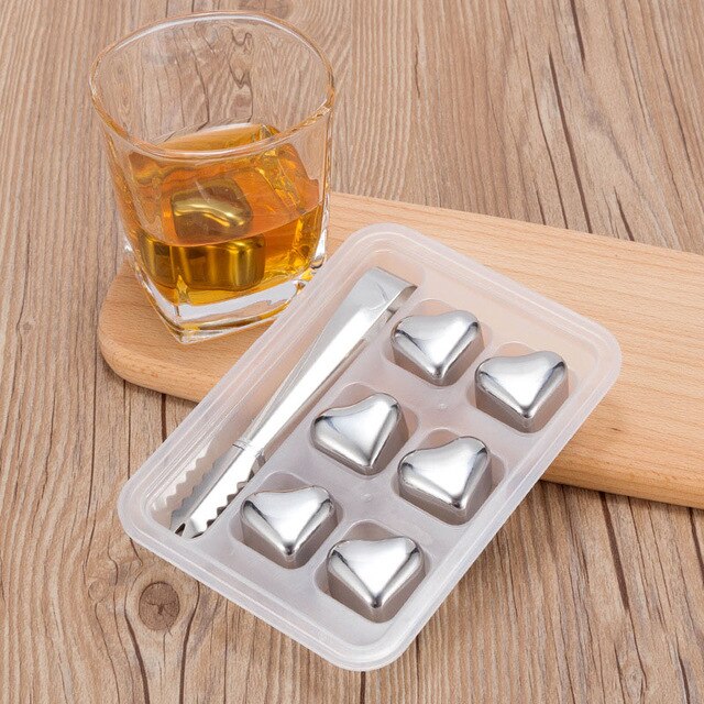 Reusable Stainless Steel Whiskey Stones Ice Cubes Wine Chillers Drinks Cooler Champagne Whiskey Bar Accessories Home Bars: Heart 6PC box clip