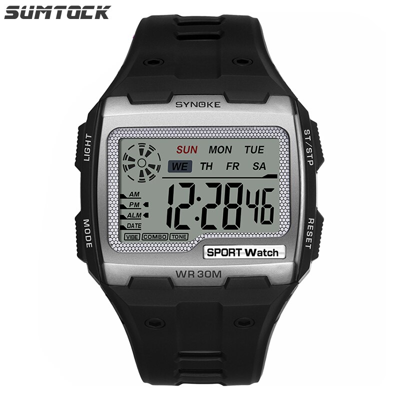 Synoke Sport Mannen Digitale Horloges Casual Grote Wijzerplaat Waterdicht Wekker Stopwatch Chronograaf Led Display Relogio Masculino: Silver