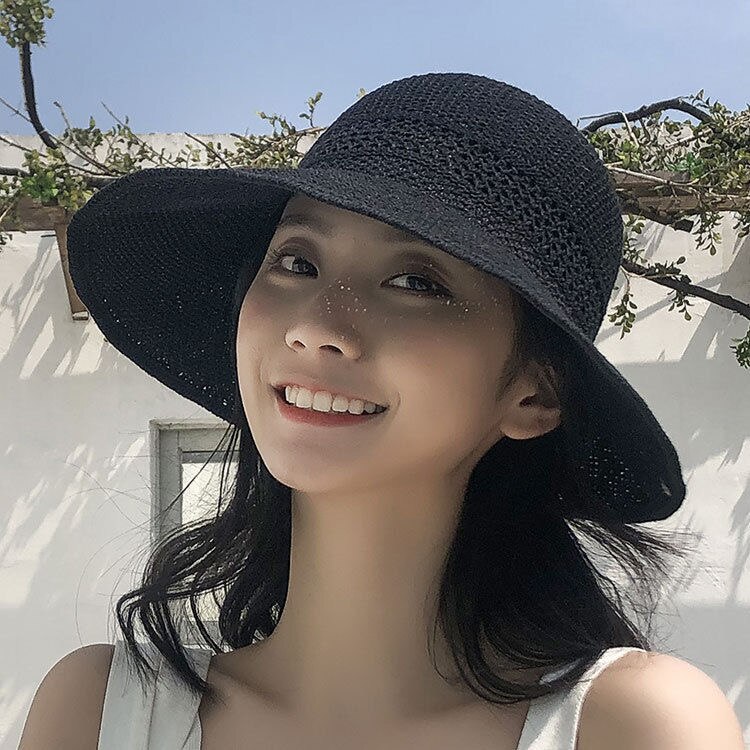 Luna&delfin kvinnor sommar solhatt strand hopfällbar hatt svart rosett khaki solskyddsmedel temperament platt stor brätte halmhattar utomhus: Svart