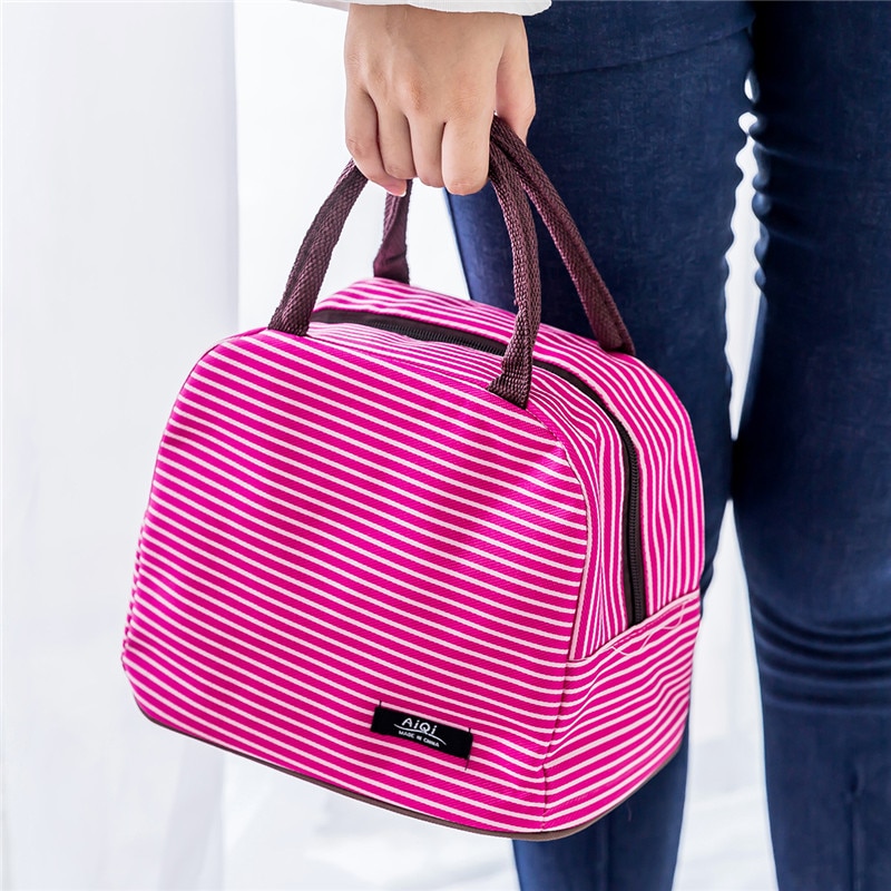 Frauen Tragbare Mittagessen Tasche Leinwand Streifen Isolierte Kühltaschen Thermische Lebensmittel Picknick Mittagessen Taschen Kinder Lunch Box Tasche Tote Lancheira