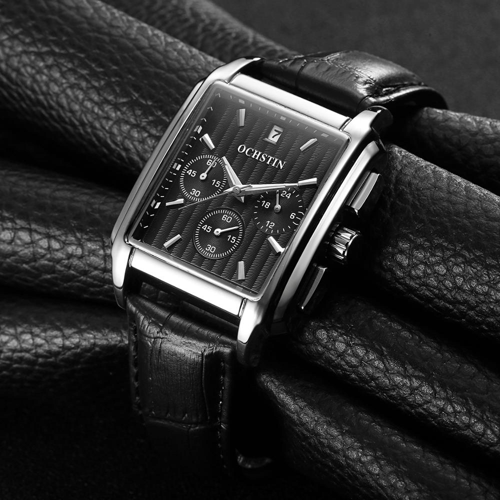 OCHSTIN , reloj cuadrado de cuarzo negro para hombre, reloj de negocios de de lujo, Reloj analógico con correa de cuero para hombre, reloj con cronógrafo