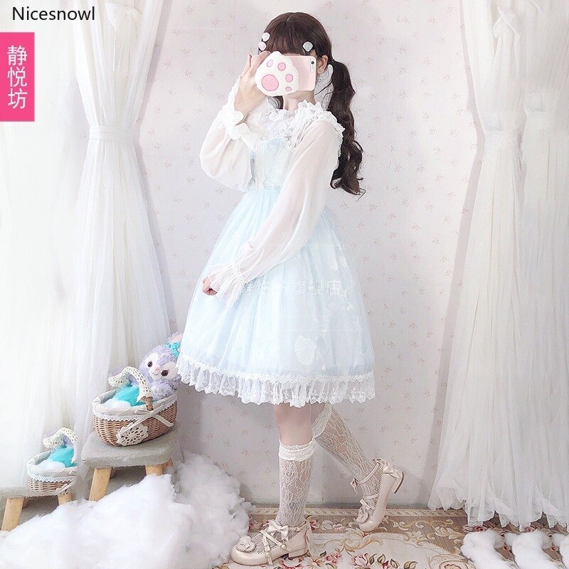 Kevät ja kesä japanilaiset tytöt kevyt mekko lolita jsk sininen pehmeä tyttöhihna lolita mekko naiset