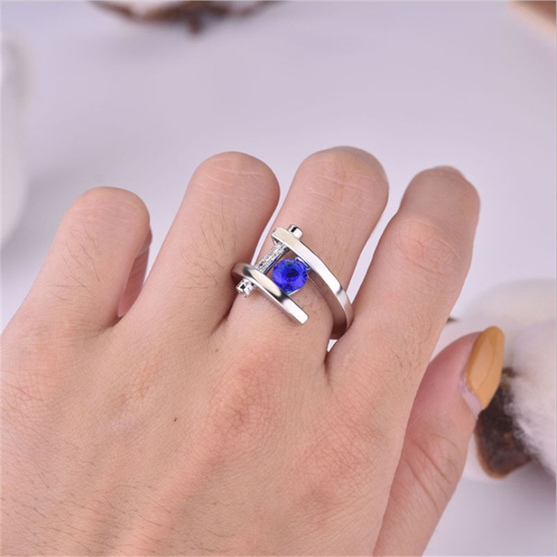 Rings for Women Silver Color Round Metal Inlaid Blue White Zicron Stones Ring Wedding Jewelry