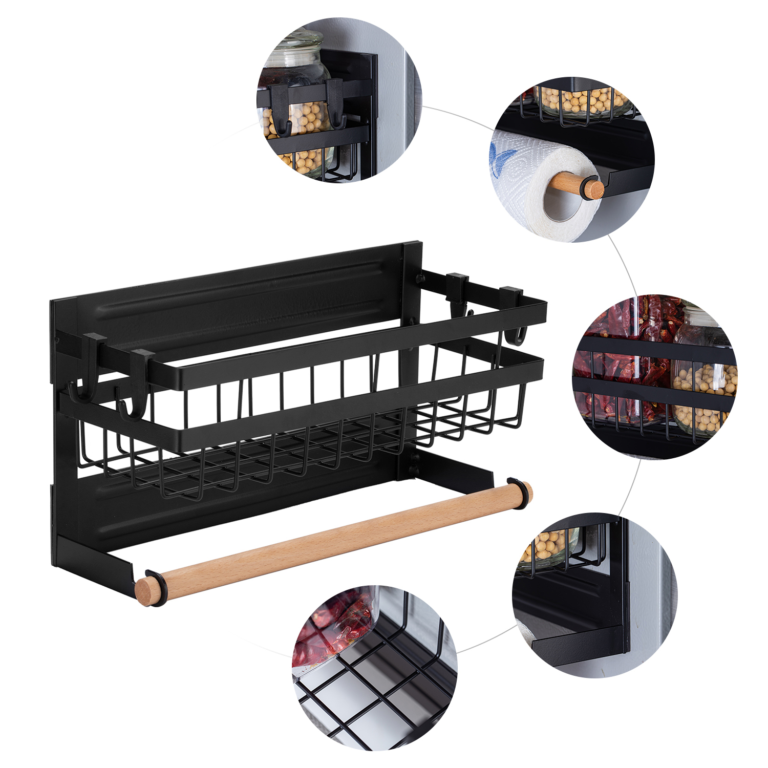 Portaspezie magnetico per frigorifero con gancio portasciugamani di carta portaspezie antiruggine scaffale multiuso frigorifero ripiano laterale