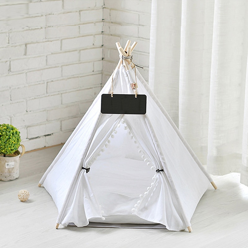 Kæledyr kat hund tipi med pude og tavle, bærbare hundetelte og kæledyrshuse, trælærred tipi fold kæledyr telt små dyr seng