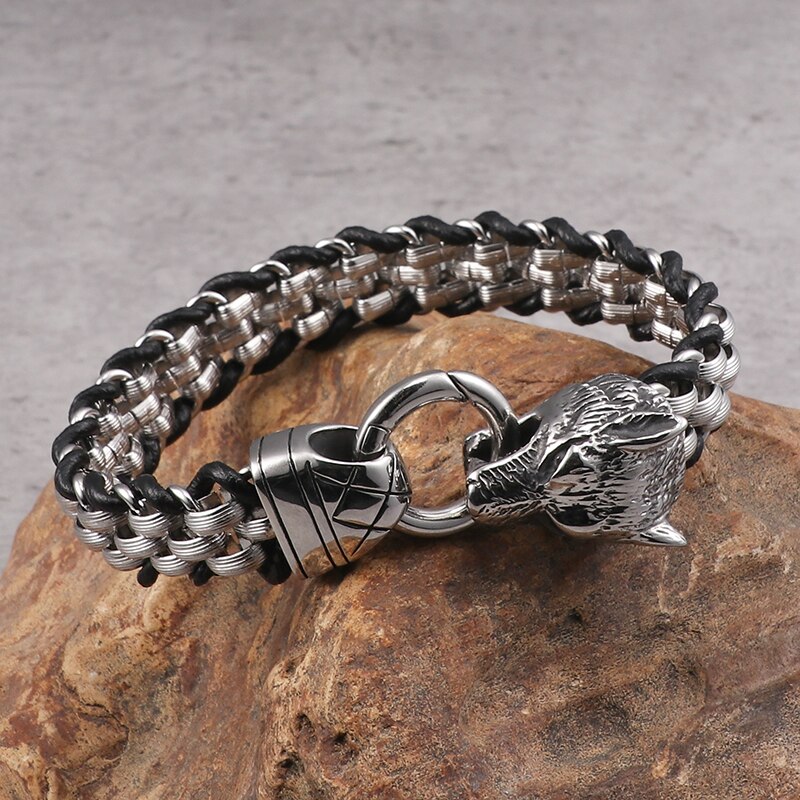 TrustyLan wickeln Leder Armbinde Männer Für Ihn 316L Edelstahl Punk Rocker Wolf Kopf Freundschaft Herren Armbänder & Armreifen