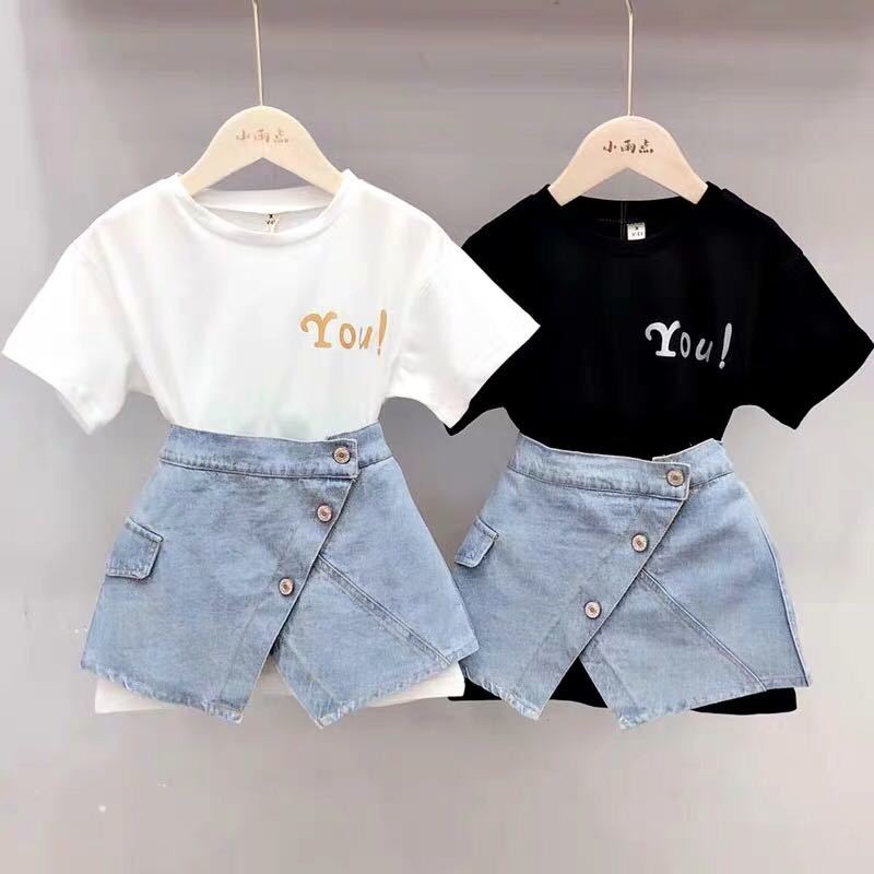 Girls Clothing Set Letter T-shirt Denim Skirt 2pcs Kids Clothes for Girl 3 4 6 7 9 10 11 12 Year Toddler Teen Children Suits
