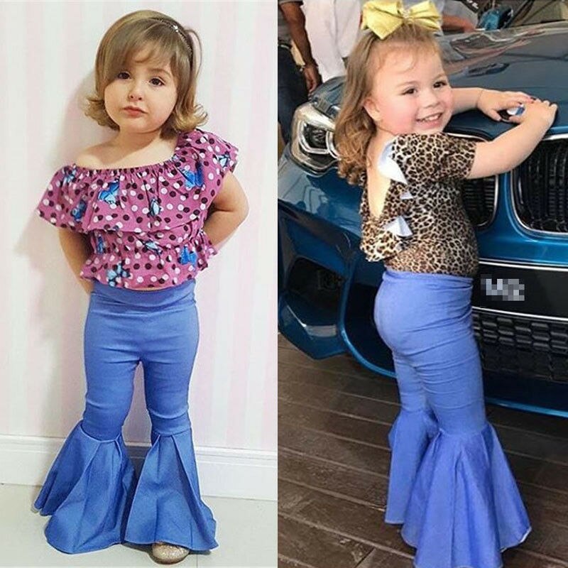 Småbarn barn baby flicka jeans hög midja utsvängda vida ben byxor bell bottoms byxor blå