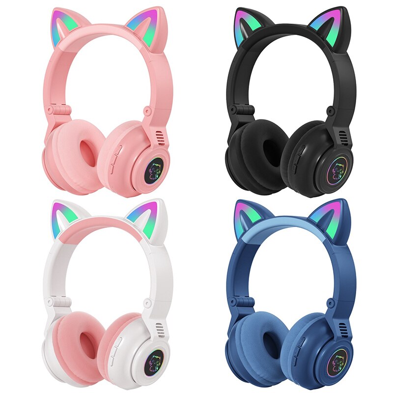 Head Wireless Headset Cat Ear Bluetooth 5.0 Headphones RGB 3.5mm Audio Jack Foldable Earphone For Cell Phone Tablet PC Laptop